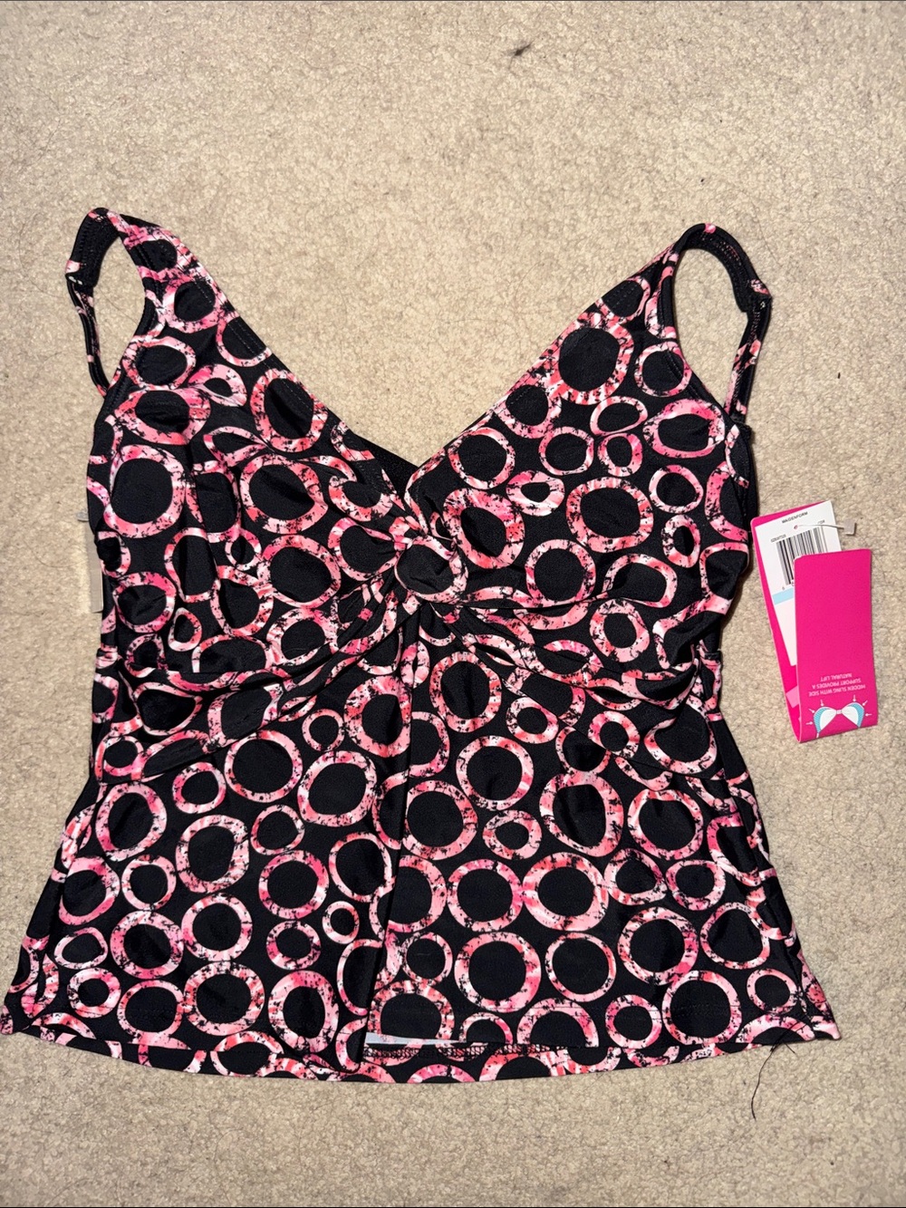 Maidenform NWT  Black Tankini Top with Pink Circle Print